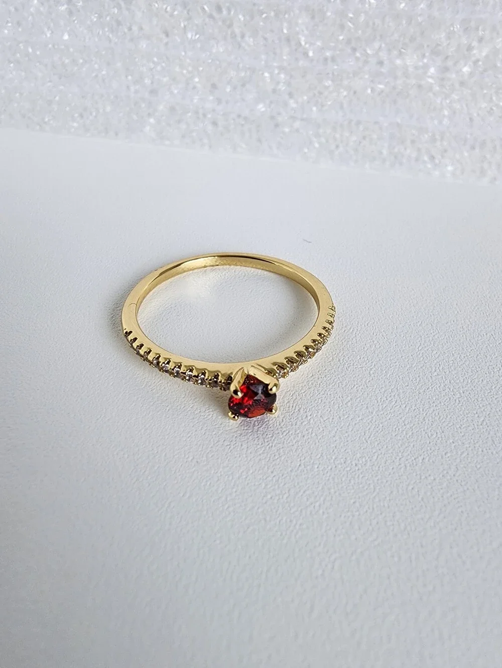 Gold Plated Garnet Red Solitaire Ring CZ Pave Band Dainty Stackable Size 8